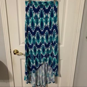 Green/Blue/White Patterned High Low Maxi Skirt